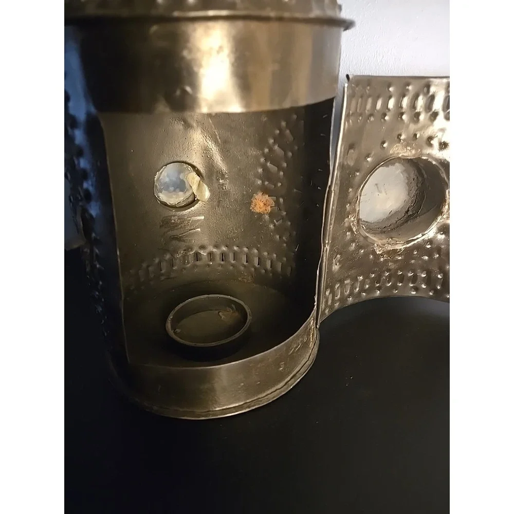 Punched Tin Candle Lantern‎ Side Smoke Stack Double Glass Lenses Bullseye
